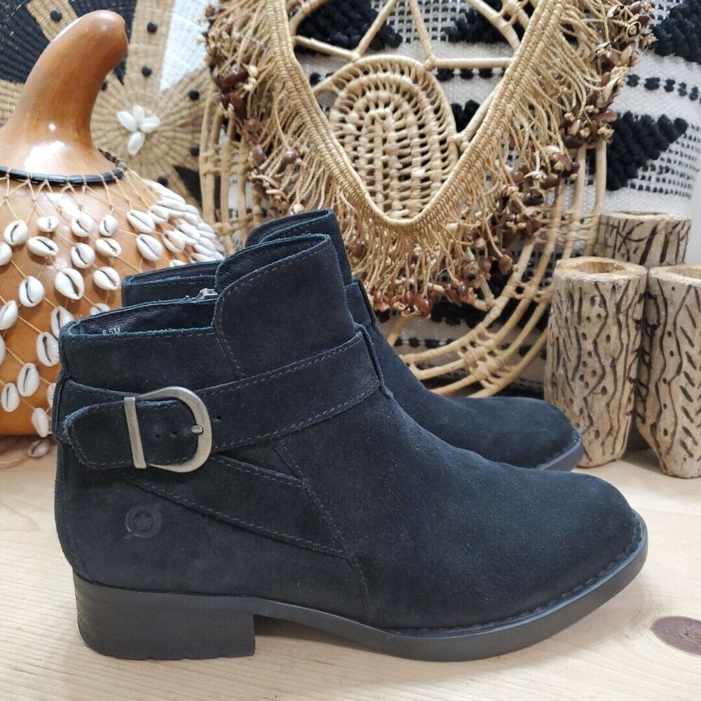 Born Morocco Women 6.5M Bootie Ankle Boots Leather Distressed Buckle Black
